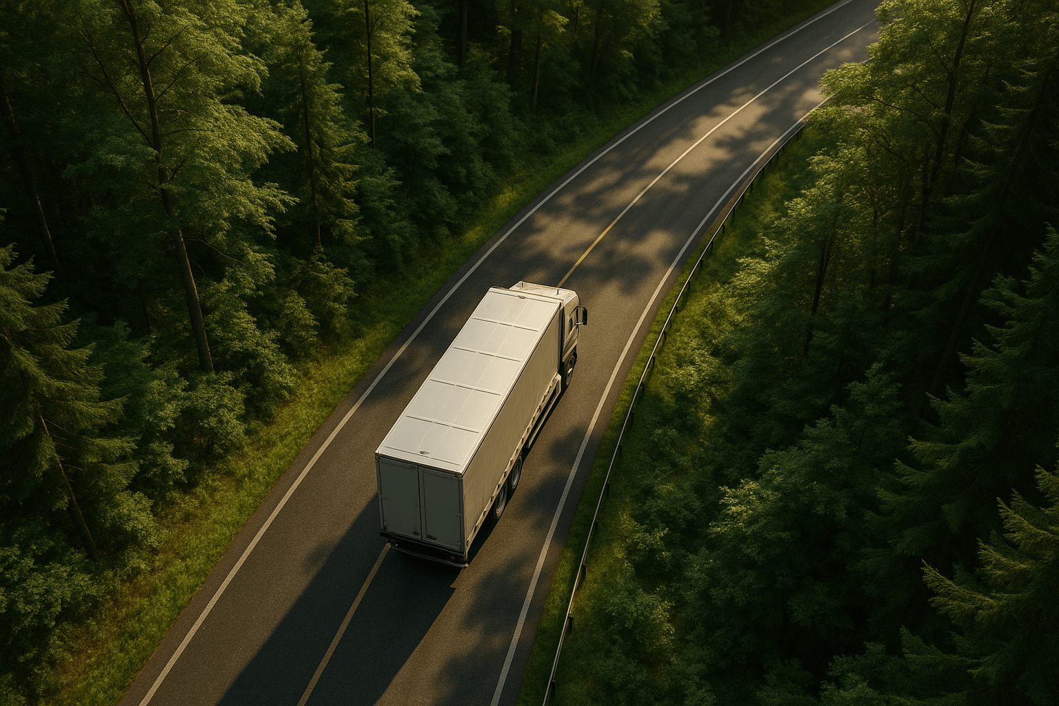 Aerial view of road through forest representing sustainable logistics